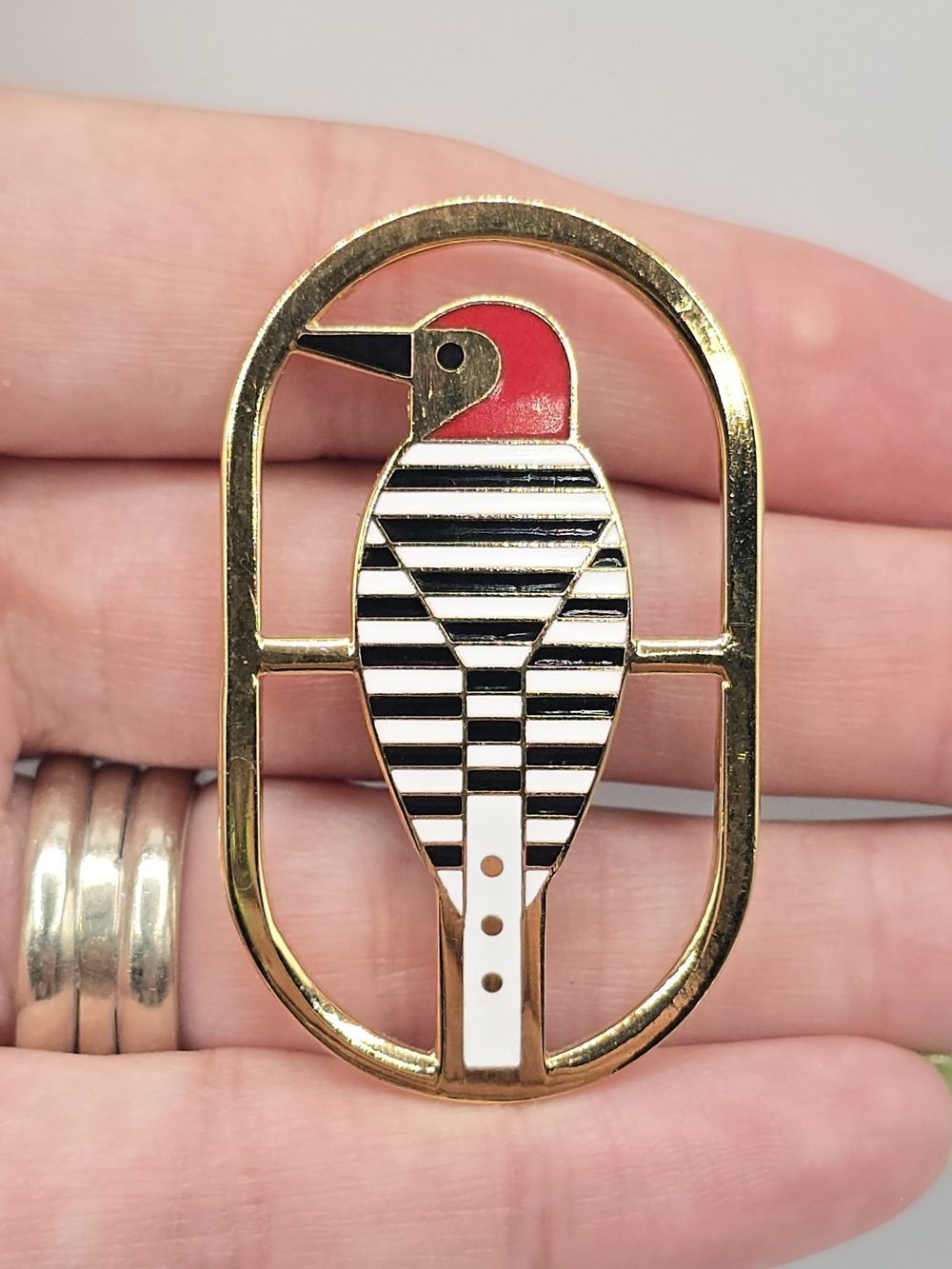 Charley Harper Baffling Belly Brooch Red Bellied Woodpecker Signed Enamel Pin